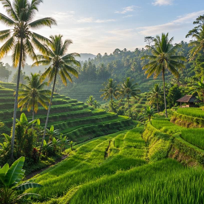 Green rice terraces and palm trees in Bali