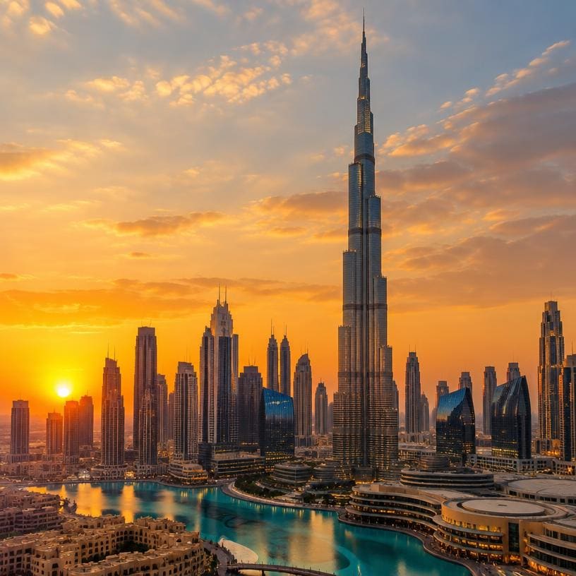 Dubai skyline with the Burj Khalifa at sunset