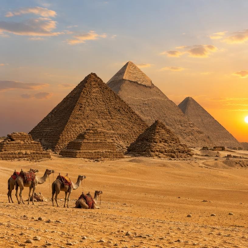 The pyramids of Giza with camels in the desert