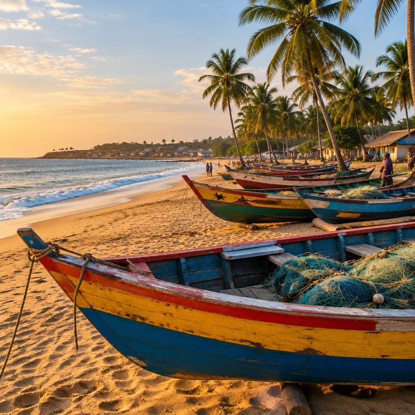 Colourful fishing boats on a palm-lined beach in Ghana