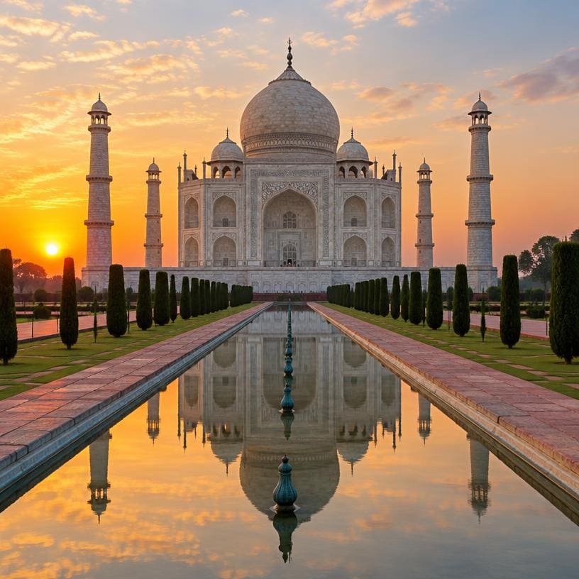 The Taj Mahal at sunrise reflected in its water gardens