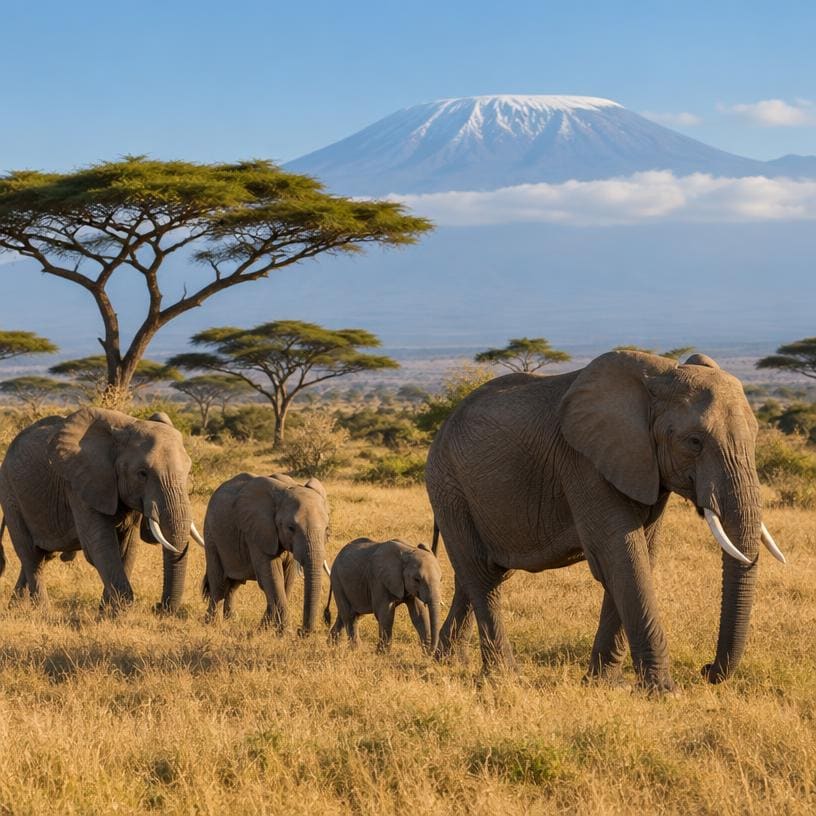 Elephants on the savanna with acacia trees in Kenya