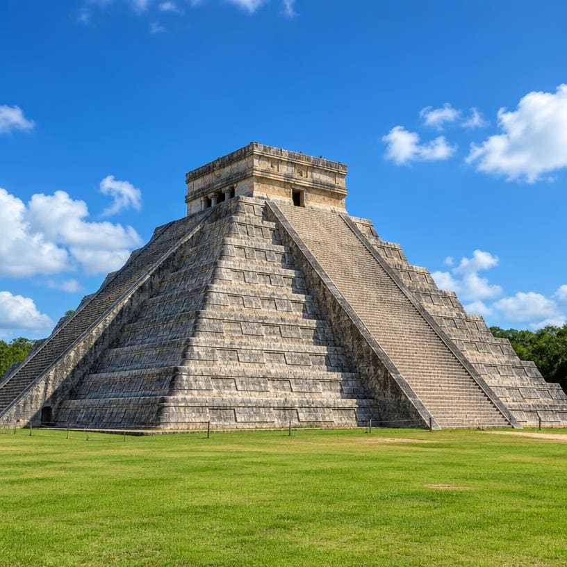 The Mayan pyramid at Chichen Itza under a blue sky