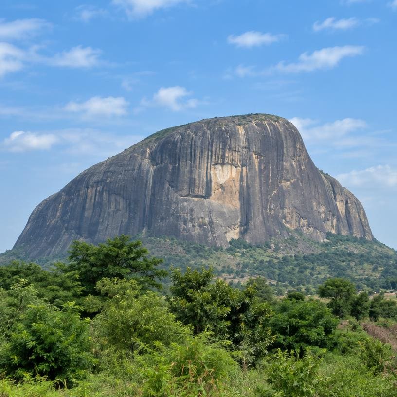 Zuma Rock rising above green trees in Nigeria