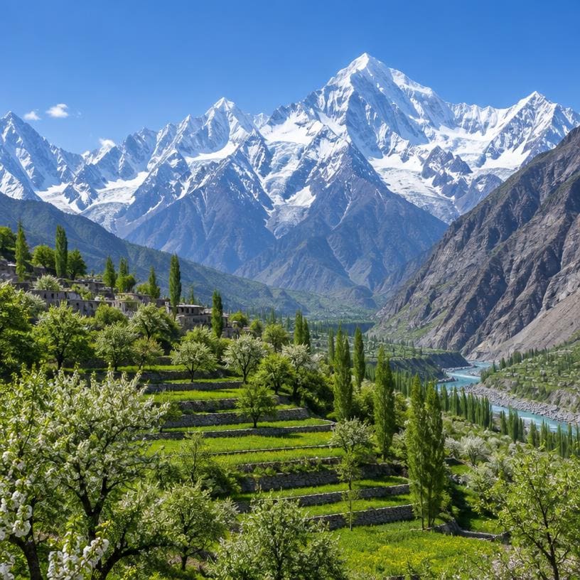 Green valley fields below snow-capped mountains in northern Pakistan