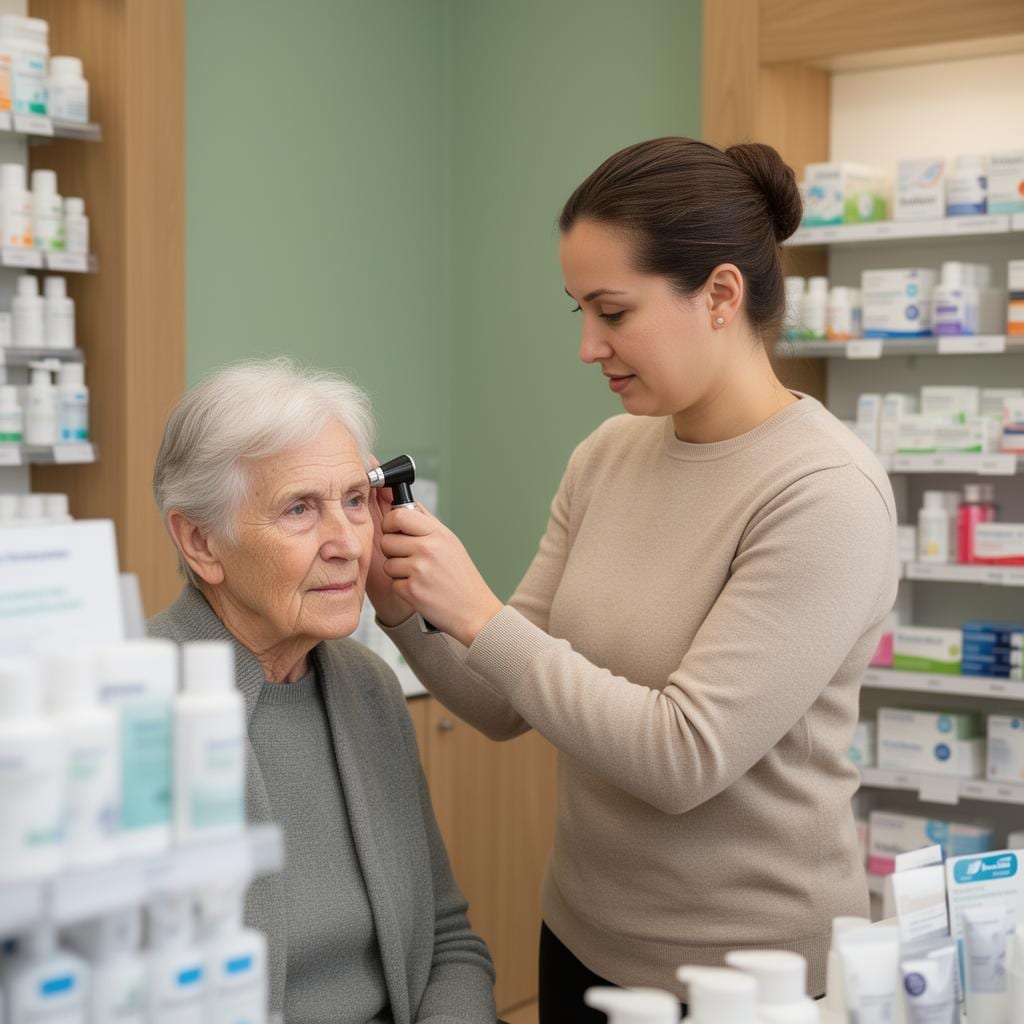 Pharmacist examining a patient's ear in the consulting room