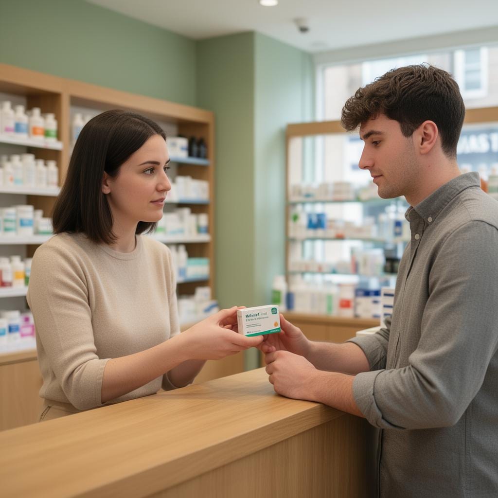 Pharmacist handing over a hair loss treatment box at the counter