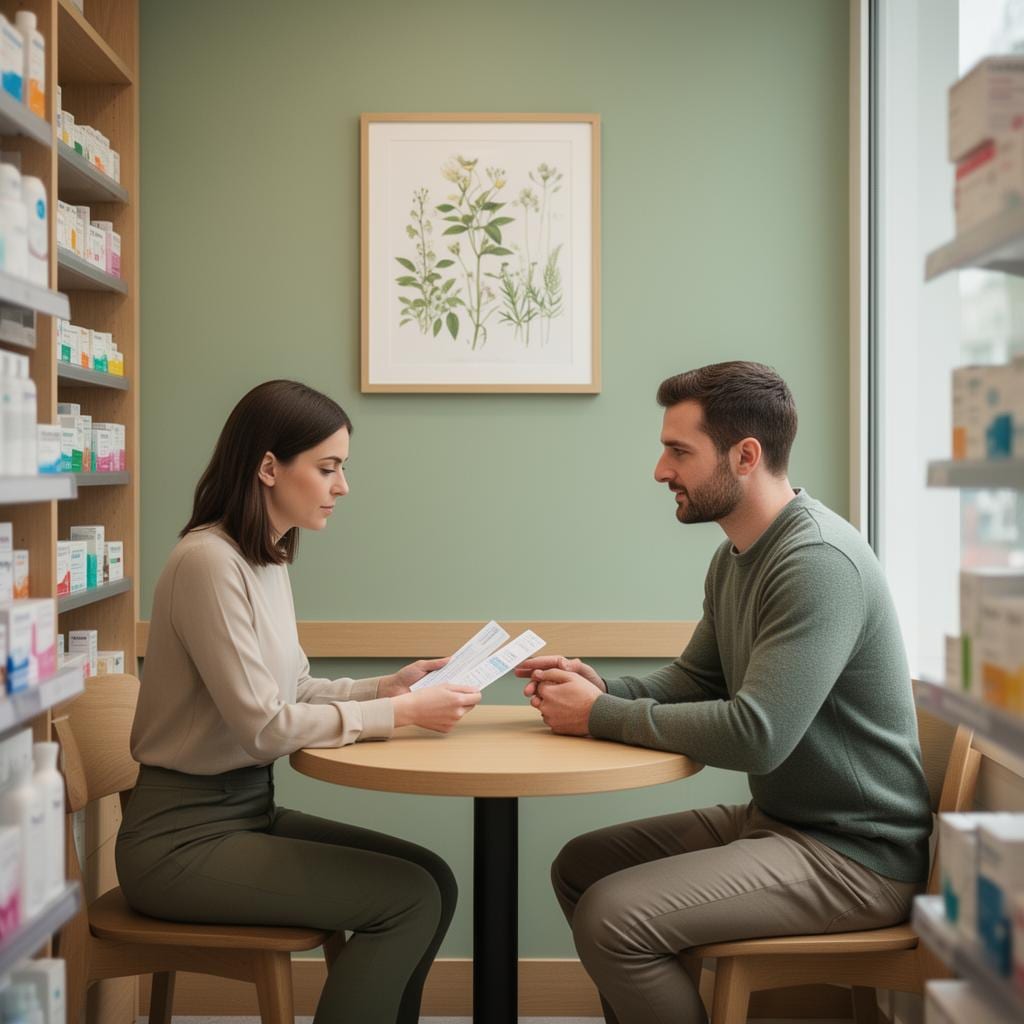 Pharmacist in a discreet private consultation with a male patient