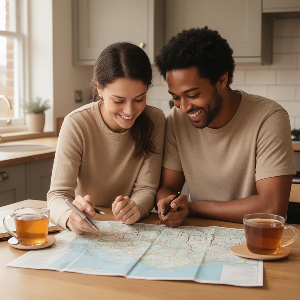 A happy couple planning their trip together with a map at home