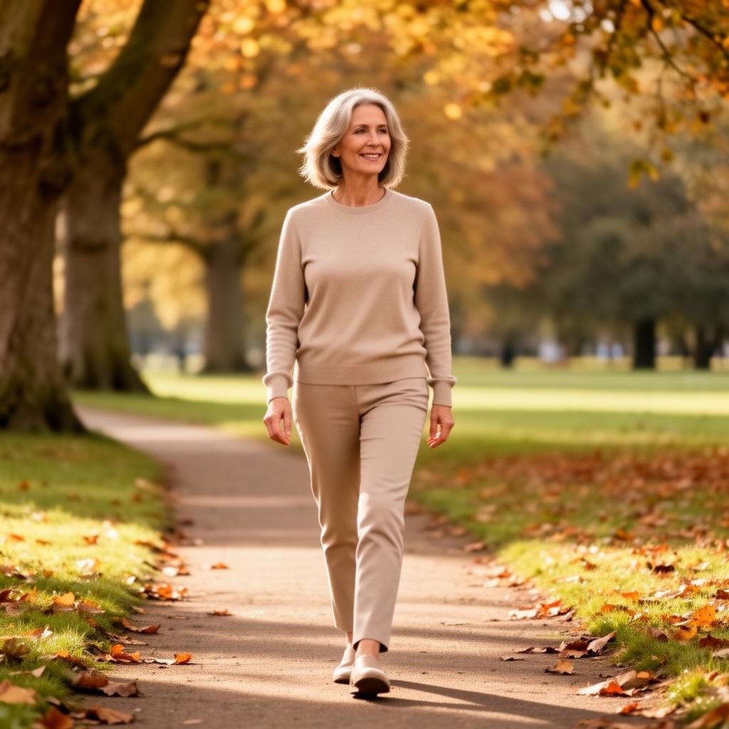 A woman enjoying a healthy walk in a leafy park, feeling confident and energised