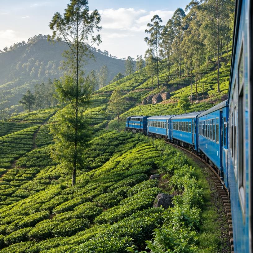 Blue train winding through tea plantations in the Sri Lankan hills