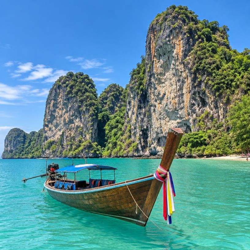 Longtail boat on turquoise water beneath limestone cliffs in Thailand