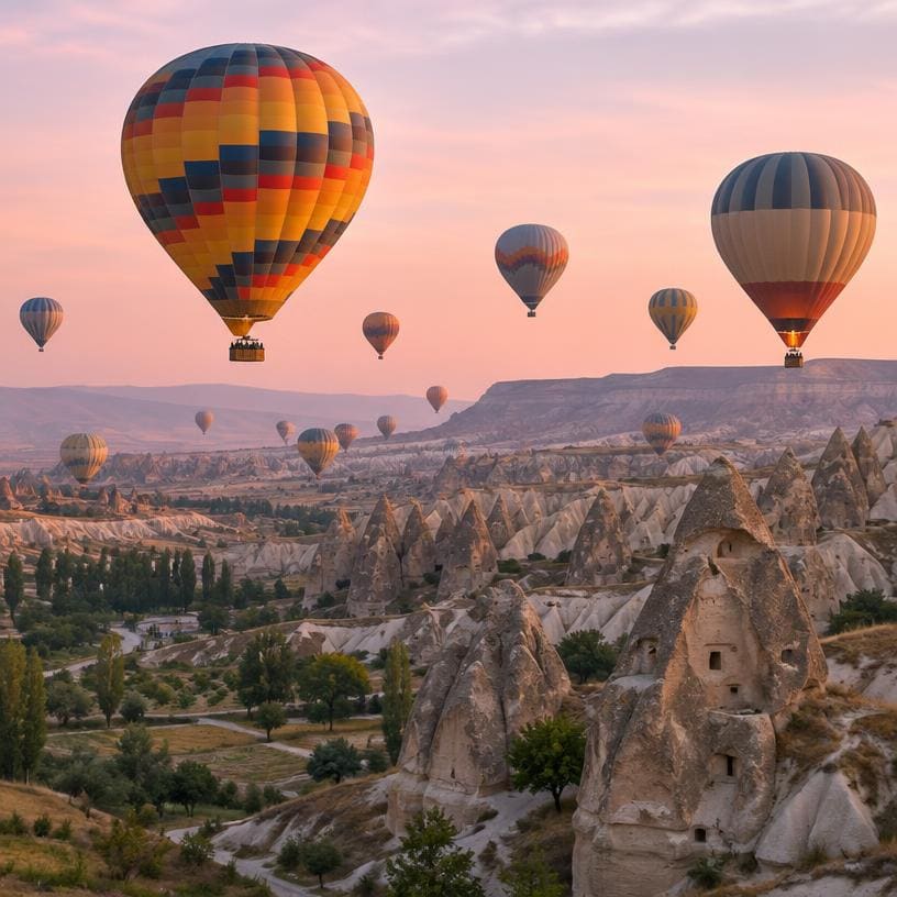 Hot air balloons over the valleys of Cappadocia