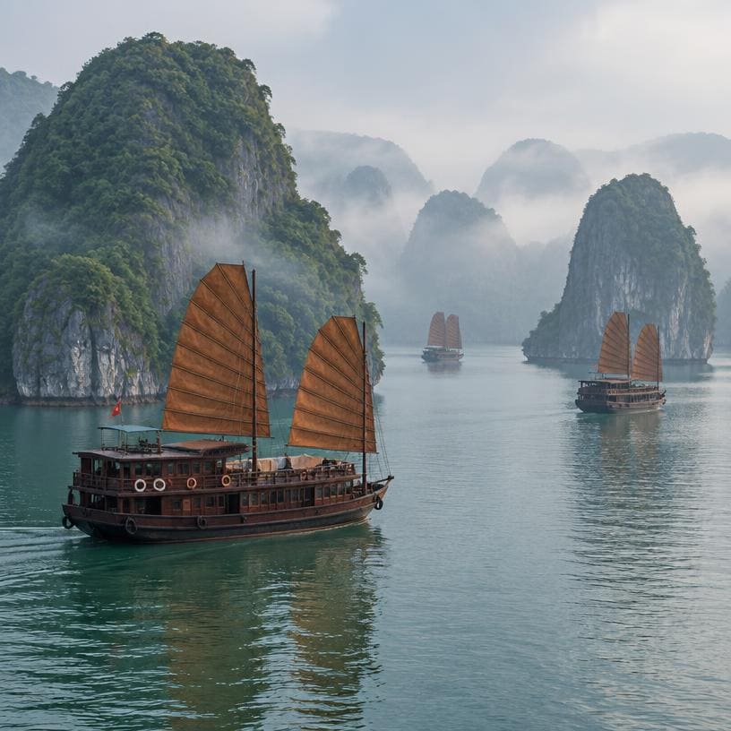 Wooden boats sailing between limestone islands in Ha Long Bay